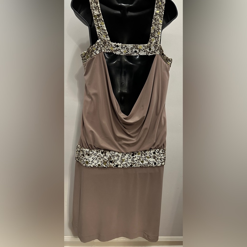 Sue Wong Nocturne Taupe Beaded Blouson Drop Waist Cowl Back Cocktail Dress sz12